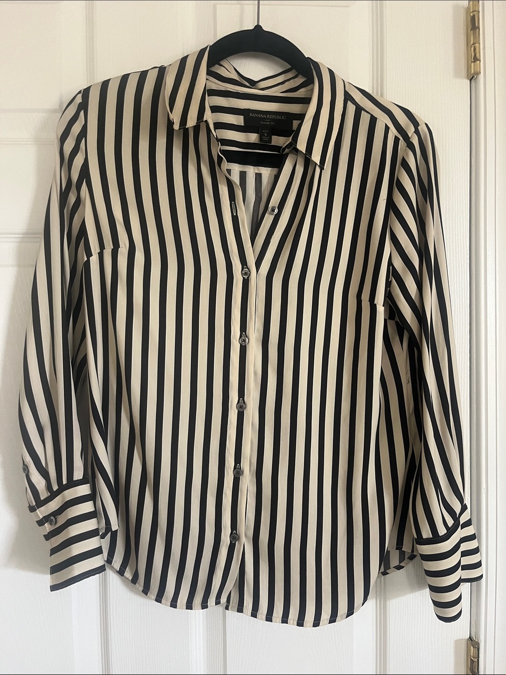 Banana Republic Black and Cream Vertical Stripe Button-Down Blouse